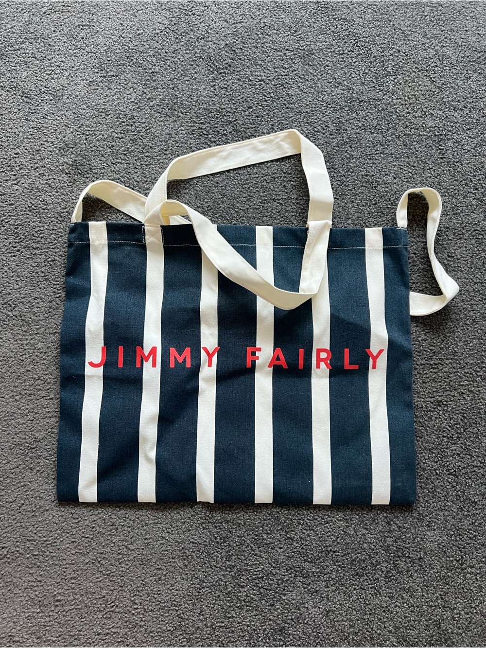 Jimmy Fairly Navy & White Stripe Tote Bag with Red Logo